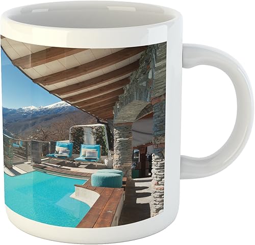 Miniatura 2 de Lunarable Summer Mug, Terrace with Pool and Lake View from the House Balcony Leisure Dream Vacation Destination, Printed Ceramic Coffee Mug Water