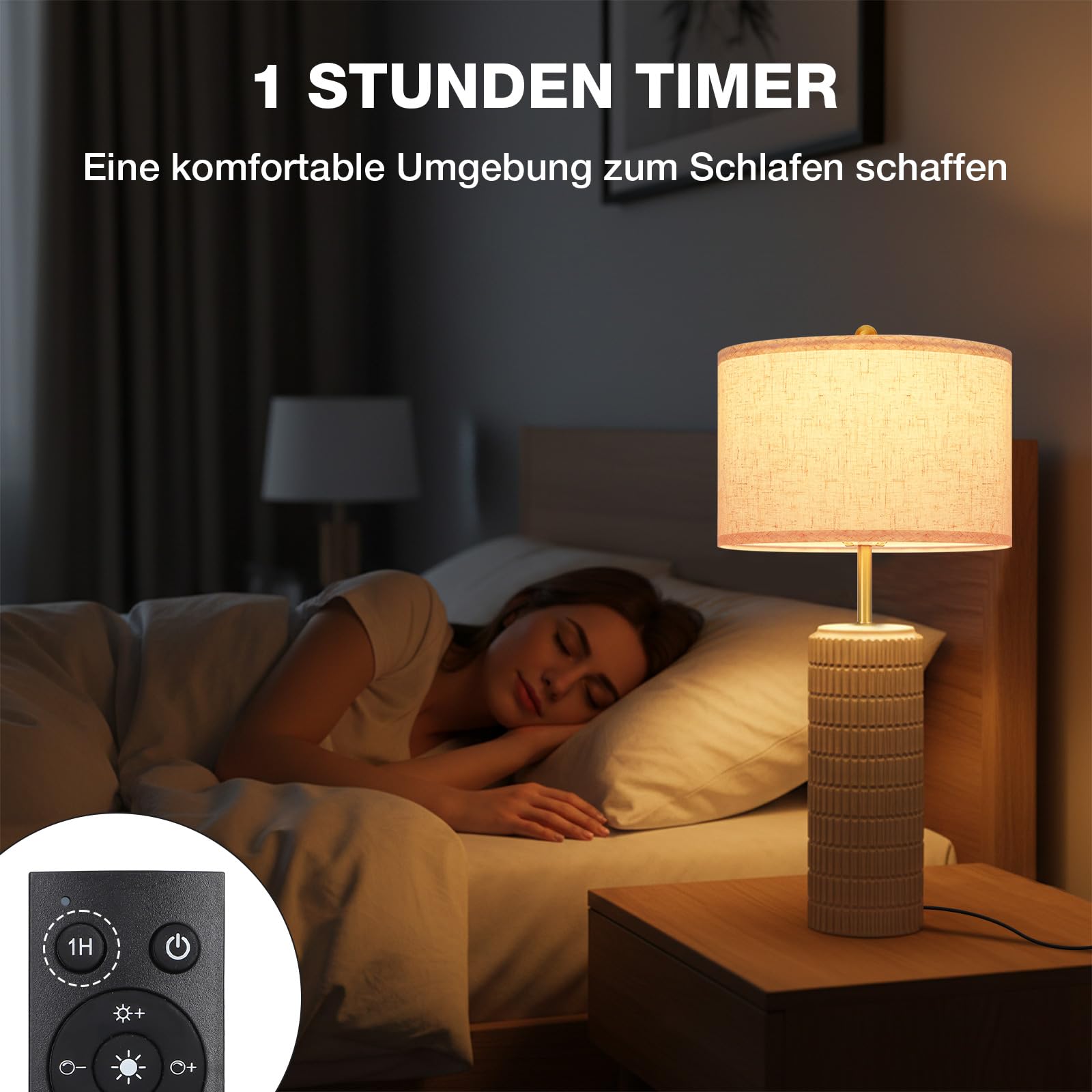 Tischlampe Keramik 2er Set mit Timer, Dimmbar Nachttischlampe Fernbedienung | 1.3kg Keramiksockel & Leinenschirm mit Stufenlos 3 Farbtemperaturen Dimmbar, Vintage für Schlafzimmer, Wohnzimmer, Büro