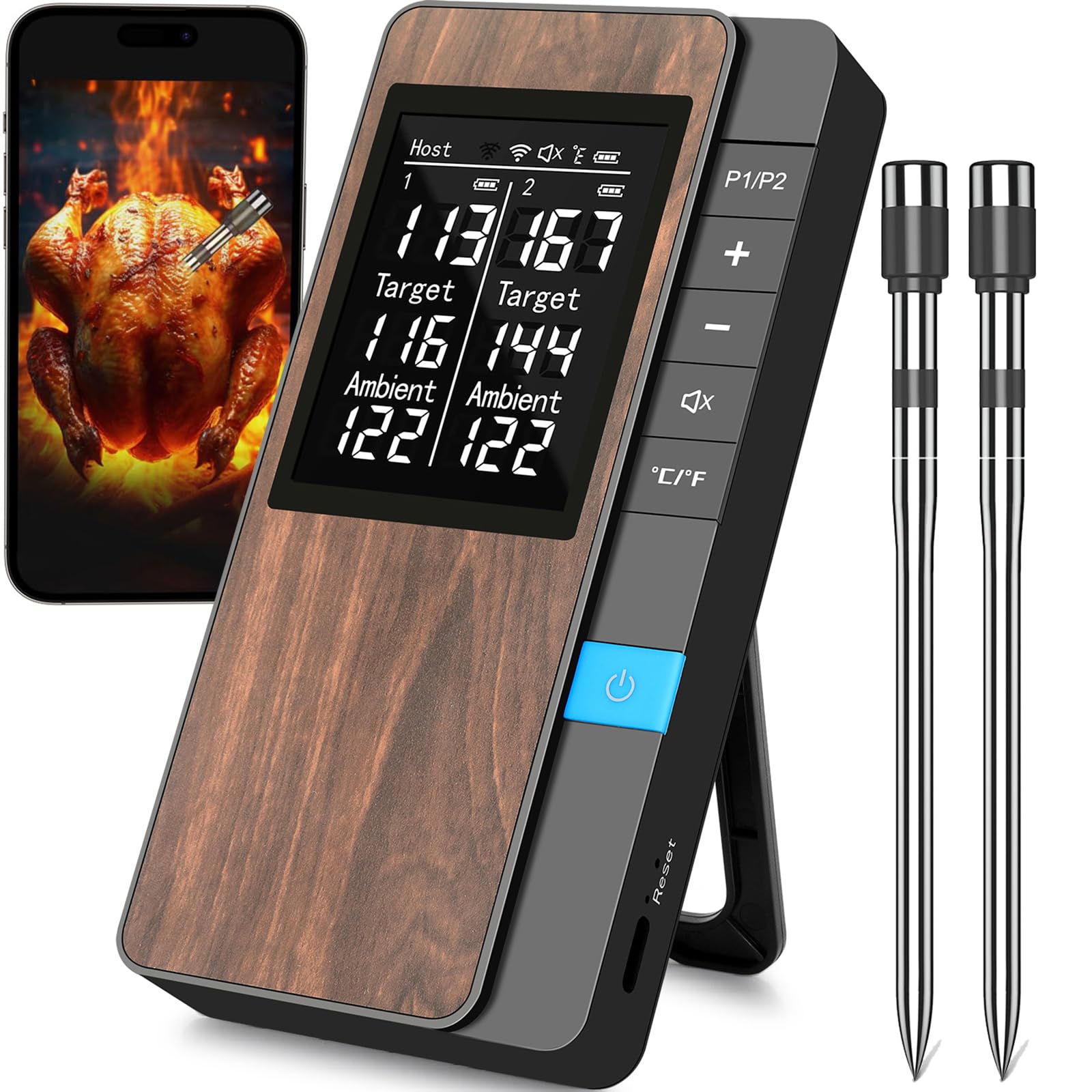 Bluetooth Wireless Meat Thermometer, 30 mins Probe Fast Charge, 120h Host Battery, Dual Ultra-Thin Probes, Magnetic Host, APP Cooking Curve, IP67 Waterproof for Kitchen, BBQ, Grill, Oven