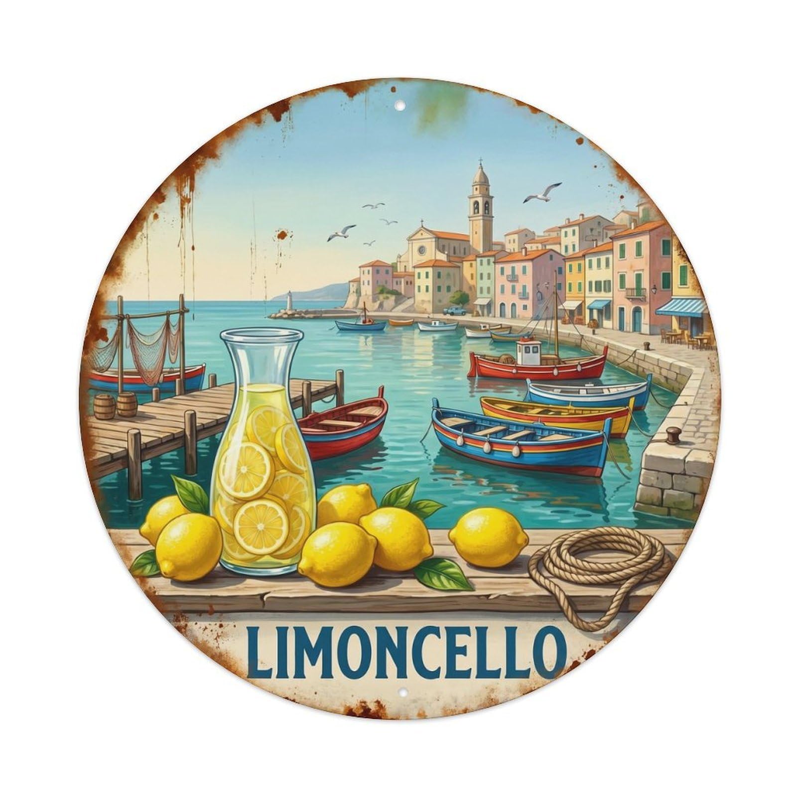 Classic Limoncello Harbor Vintage Metal Tin Sign Plaque Wall Decor for Cafe, Club, Garden Round Metal Poster 8x8Inch