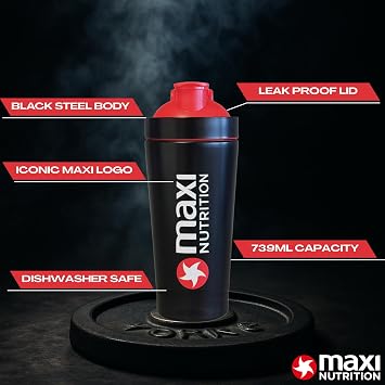 MaxiNutrition New Gen Premium Steel Shaker bottle 739ml- Screw Top with a Secure Seal for Shakes - Dishwasher Safe Sports Supplements Shaker. Ideal for Mixing Powdered Shakes & Creatine.