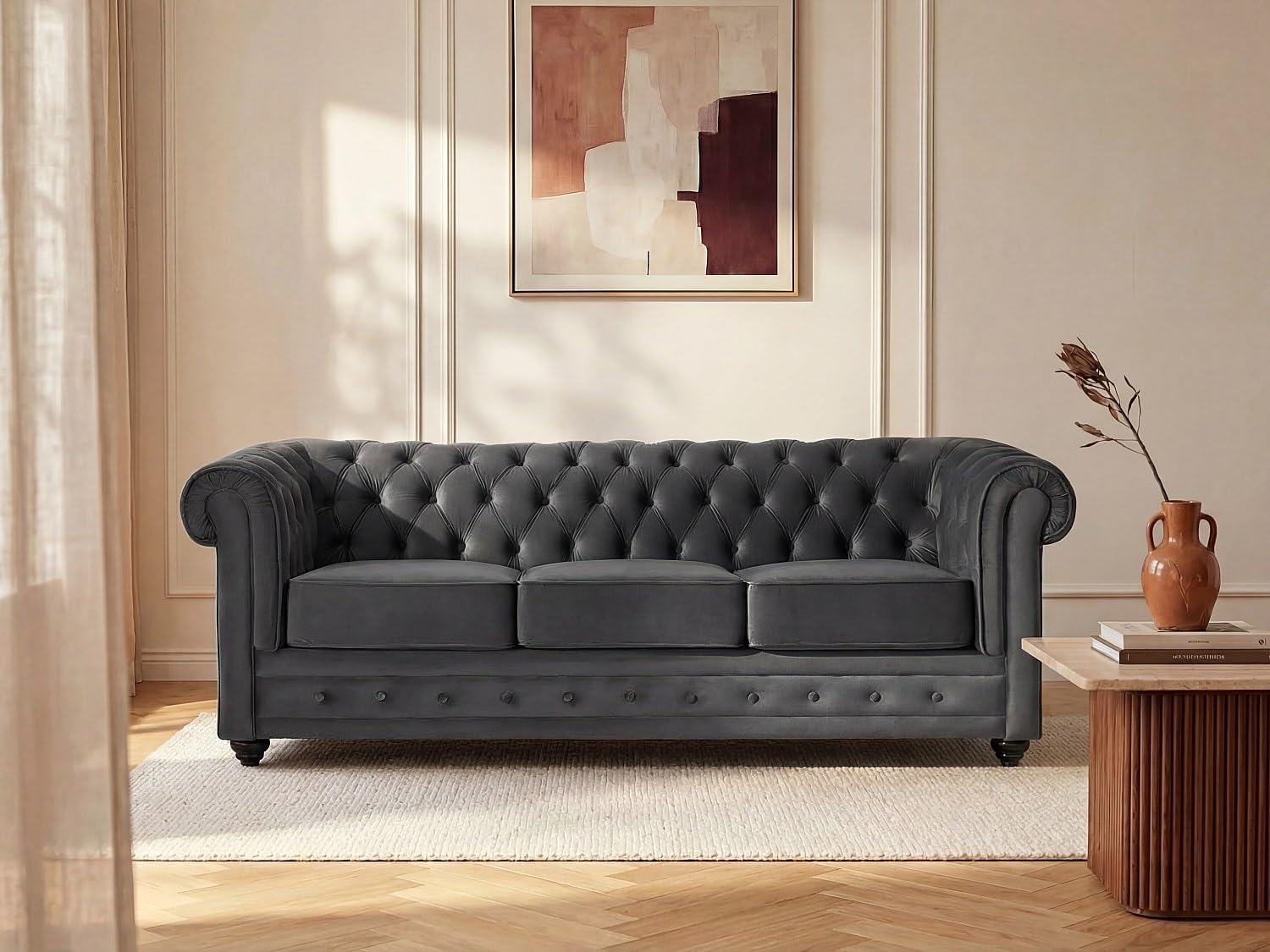 Vente-unique - Sofá Fijo 3 plazas Chesterfield - Terciopelo - Gris Antracita