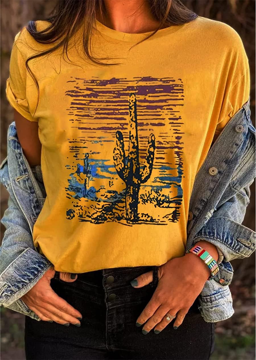 Women Western Desert Cactus T-Shirt Vintage Retro Sunset Cactus Graphic Shirt Cowgirl Casual Blouse Tops Tees - Image 5