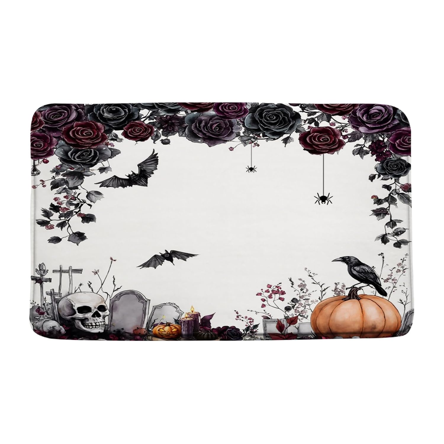 Gothic Bath Mat Skull Floral Pumpkin Crow Bat Spooky Halloween Black Bathroom Kitchen Memory Foam Rug 18x30 Inch