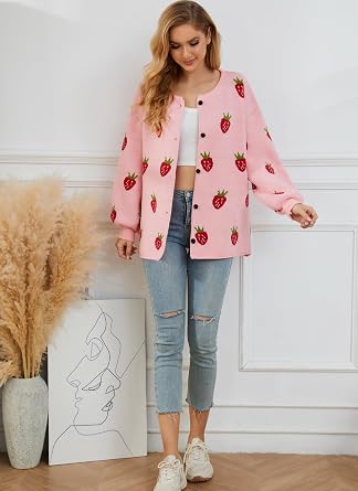 Women's Kawaii Strawberry Knit Oversized Sweater Cute Cardigan Open Front Aesthetic for Teen Girls Y2k Korean Jacket Tops