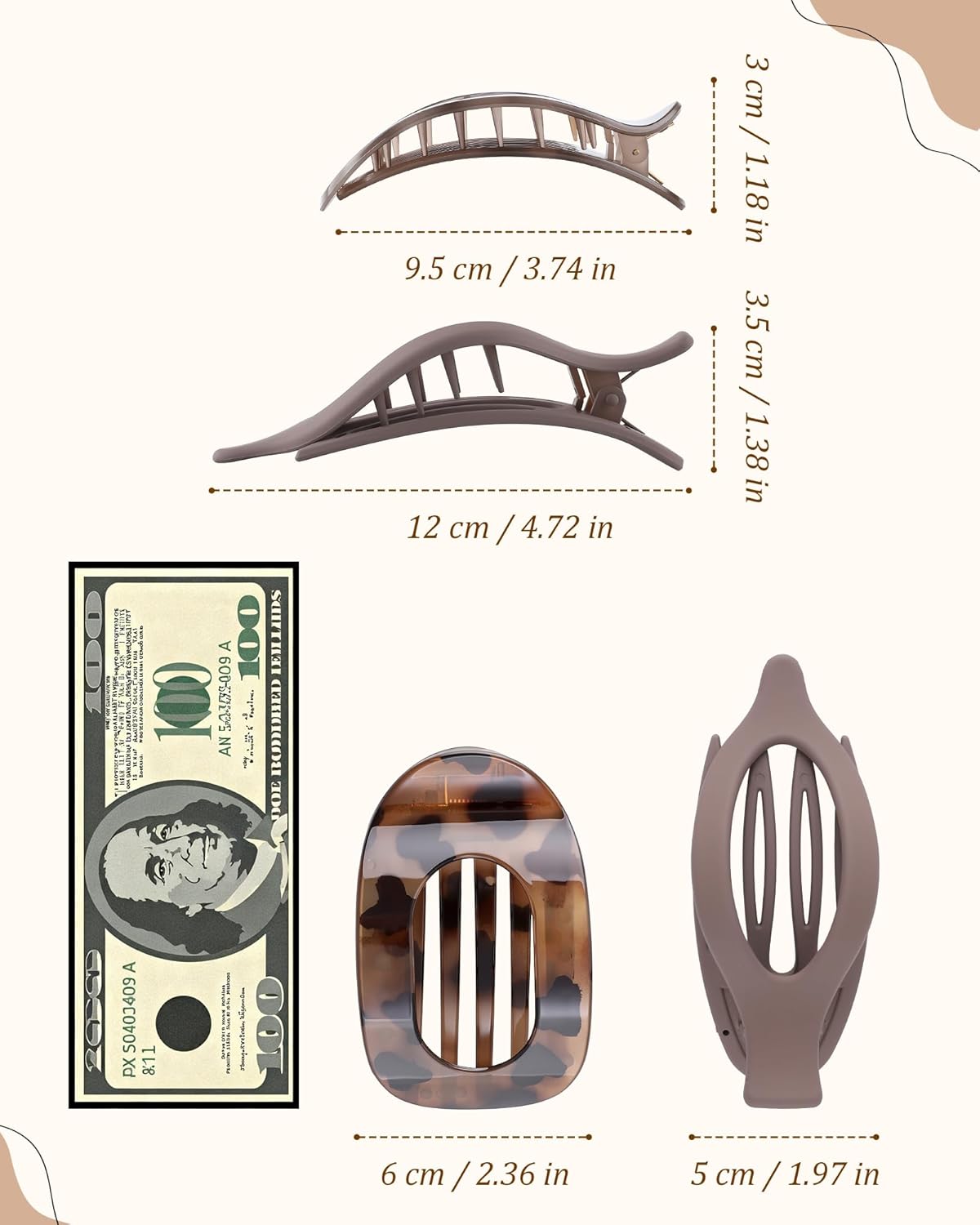 AWAYTR Flat Hair Clips For Women Lay Flat Claw Clip for Hair 6Pcs Large Hair Claw Clips for Driving Yoga (Leopard Series + Brown Series) - Image 3