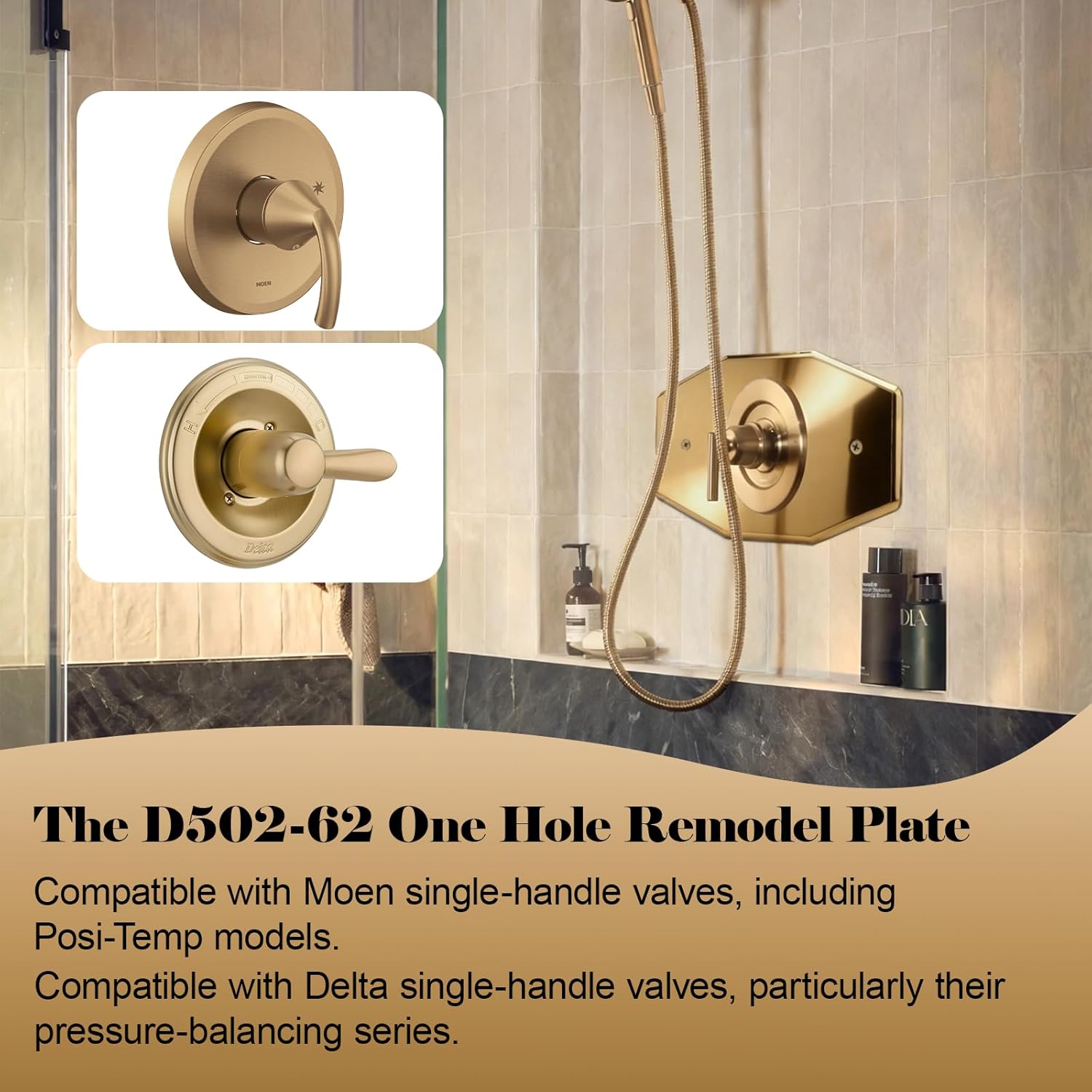 A503‑01 One-Hole Remodel Cover Plate compatible with Mixet Bathtub and Shower Valves, Shower Renovation Cover Plate (Gold)