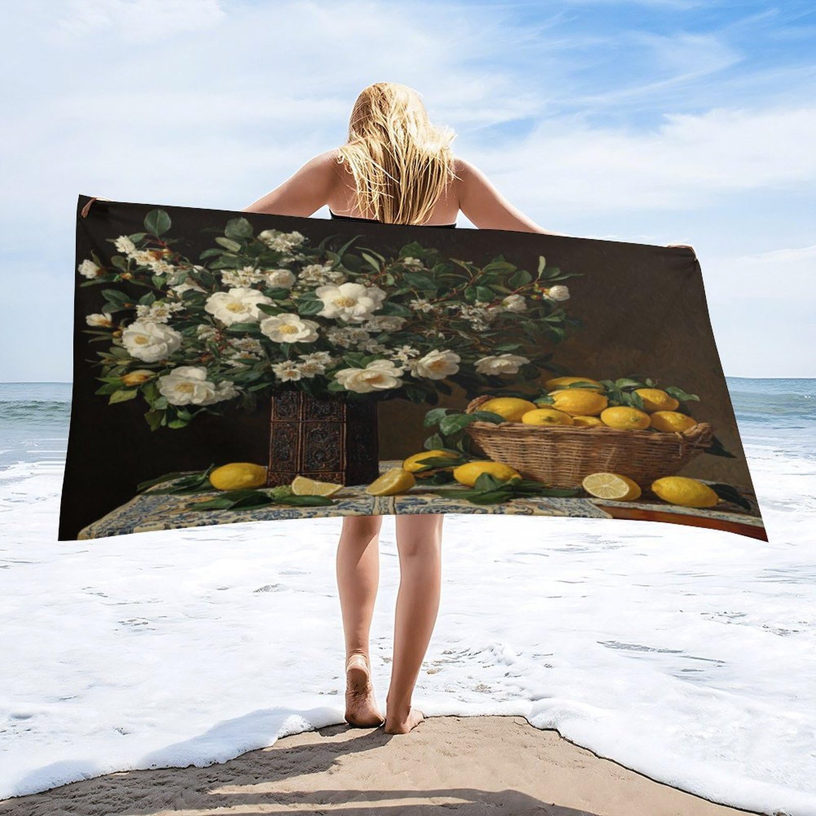 Luyysky Vintage Antique Fruit Lemon Absorbent Beach Towel, Mid Century Realistic Italian Theme Plant Flower Tropical Lemon Outdoor Single-Sided Velvet Beach Towel-80 W Cm X 160" L Cm