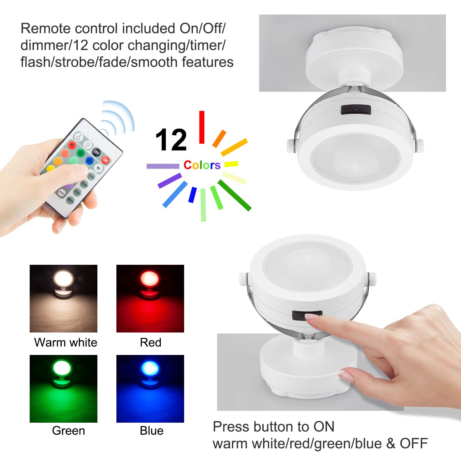 HONWELL LED Spot Lampe Drahtlose Deckenstrahler mit Fernbedienung, Wiederaufladbares Bilder mit beleuchtung Drehbar Licht Kopf, RGB Dartscheibe Beleuchtung für Spiegelanstrich Dartscheibe, Weiß