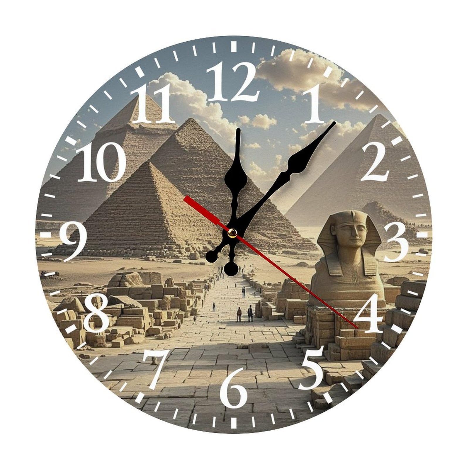Horloge murale ronde pyramides égyptiennes 30 cm au design artistique épuré