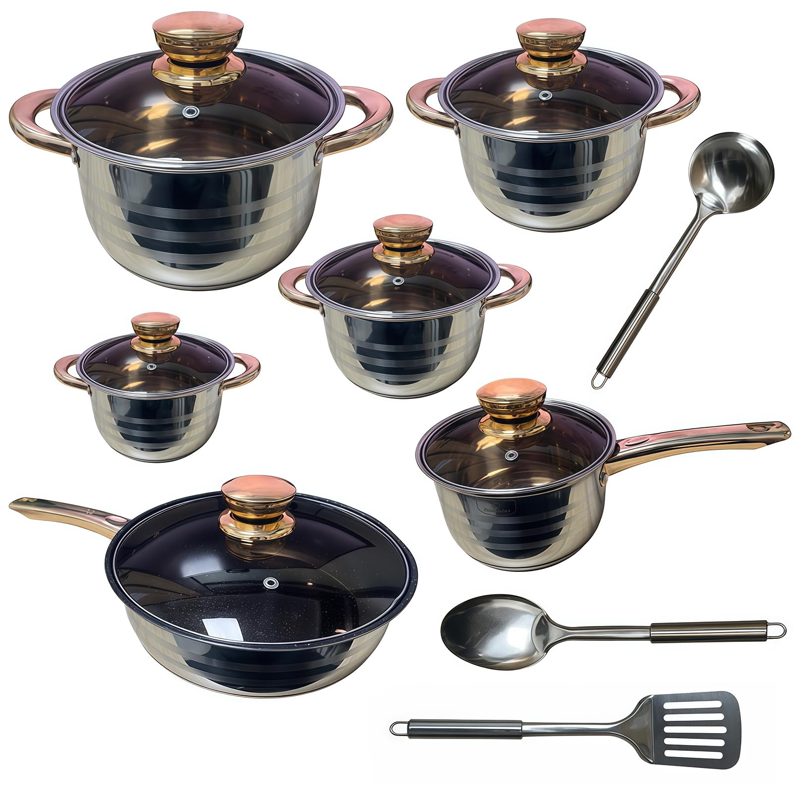 9-teiliges Edelstahl Topfset Induktion - Kochtopf Set, für Alle Herdarten | Lebensmittelechter Edelstahl, Glasdeckel mit Dampföffnung, Extra Dicker Boden, Wärmeisolierter Griff, Robust und Langlebig