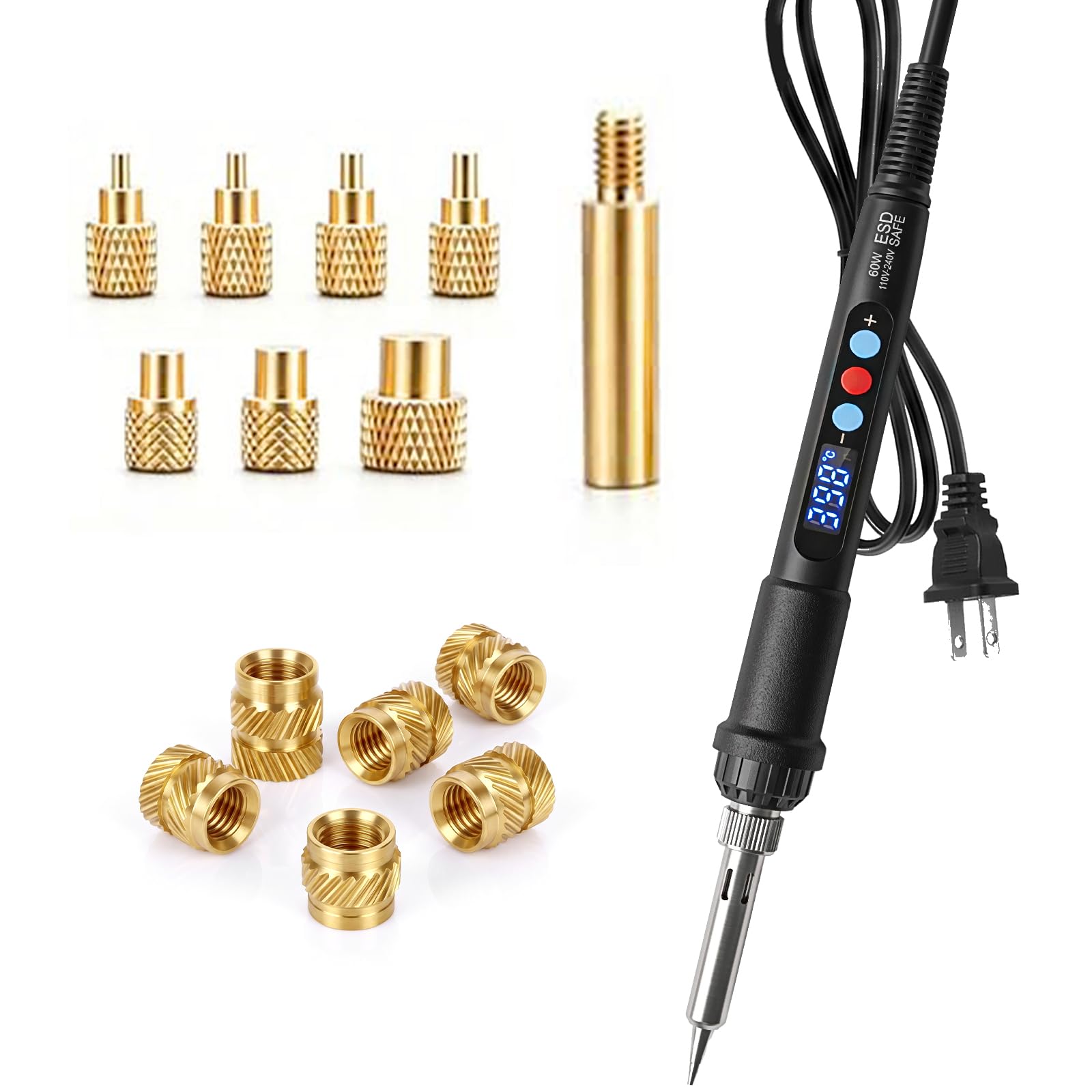 Soldador digital de 60 W con 100 insertos roscados M3 para impresión 3D | 8 puntas intercambiables M2 M2.5 M3 M4 M5 M6 M8 Rosca hembra Tuercas moleteadas para insertos de plástico PLA PETG ABS PPS
