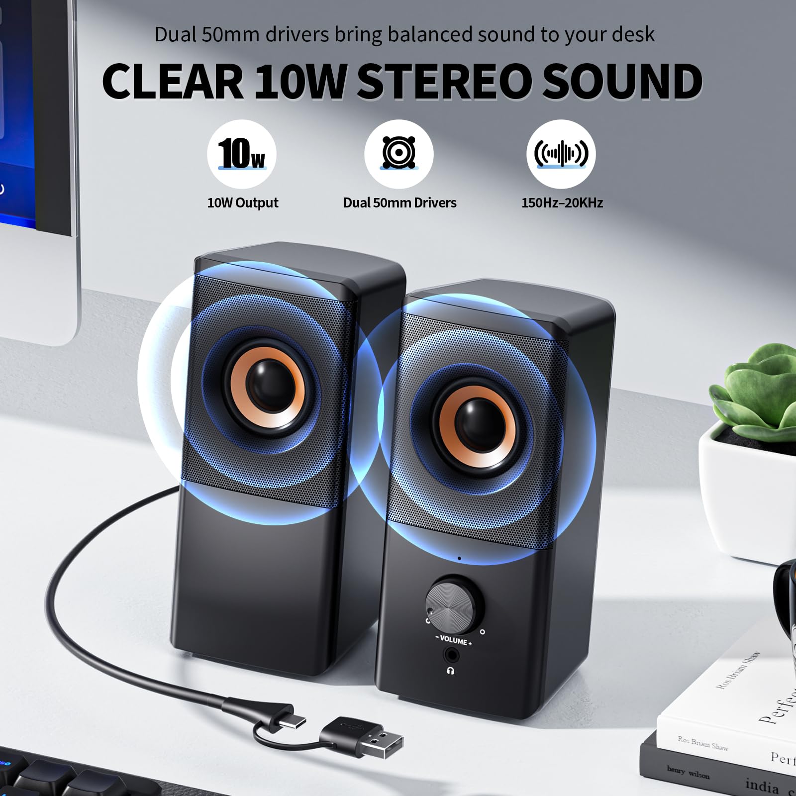 Altoparlanti cablati per PC desktop, altoparlanti stereo da tavolo 2.0 alimentati USB-A/USB-C, con controllo del volume, jack per cuffie da 3,5 mm per laptop, monitor, casa, ufficio e giochi
