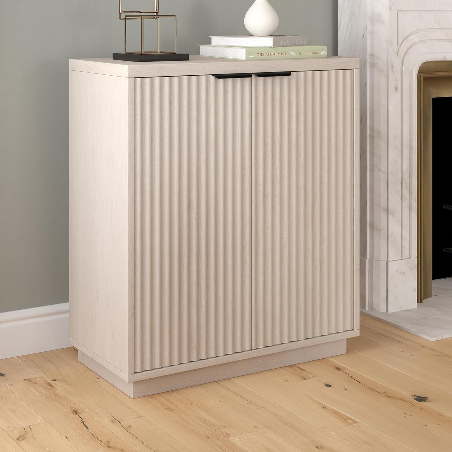 Henn&Hart 28" Fluted Wooden Accent Cabinet, Ribbed Modern Sideboard Buffet Cabinet with 2 Doors and an Adjustable Shelf for Living Room, Dining Room, Bedroom or Entryway, Beech White