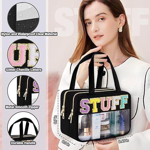 Miniatura 5 de Bolsa de maquillaje transparente con letras de chenilla, bolsa de cosméticos de preparación con cremallera, bolsa de cosas impermeable para