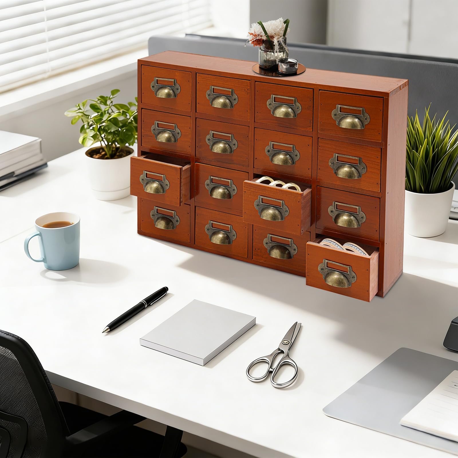 Schreibtisch Organizer 16 Schubladen Aus Holz, Kommode Mit Schubladen Für Schreibtisch & Büro, Organizer Schublade 50x10x35cm Mit Muschelgriff Für Kosmetik & Schmuck