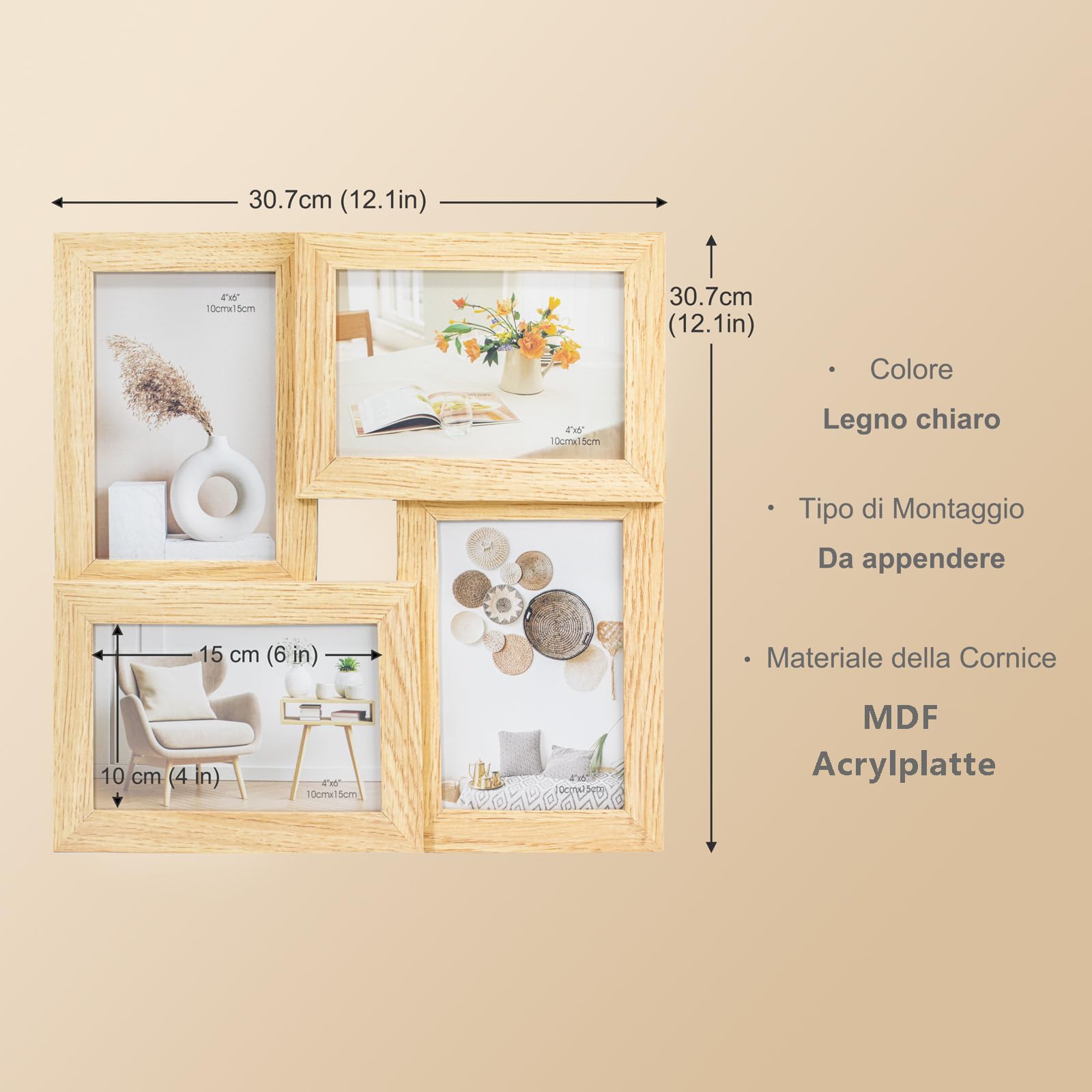 Tutee Cornice Per Foto, Robusta Cornice in Legno MDF, Cornici Foto multiple da Parete, Portafoto da Parete Multiplo, Decorazioni Murali, Cornici 10x15cm 4PZ (Legno Chiaro)