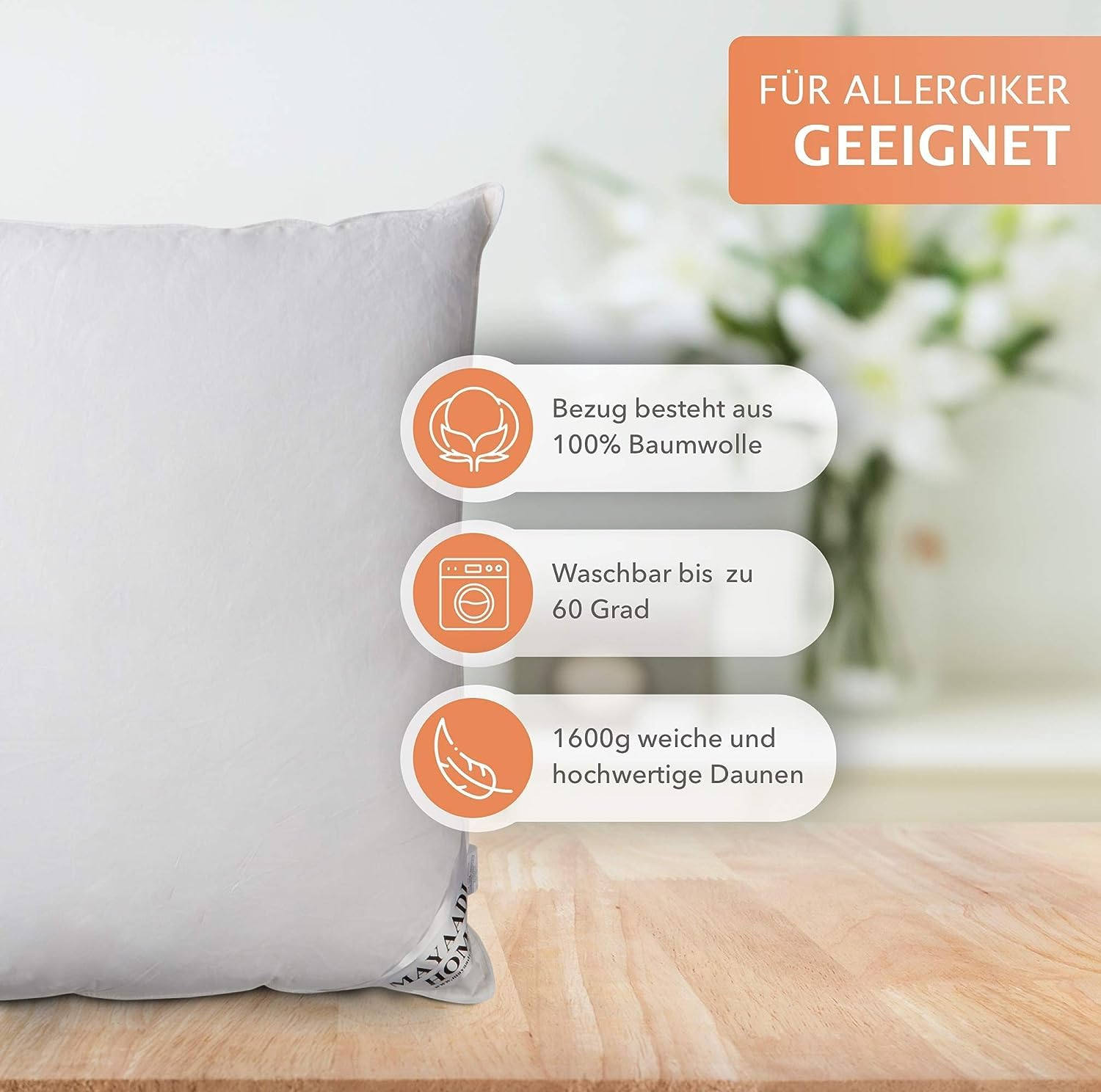 Mayaadi-Home Kopfkissen 80x80 cm | 1400g Füllung, 70% Daunen 30% Federn | 100% Natur Bezug aus Baumwolle | Optimales Kissen zum Schlafen | HS8 Daunenkissen