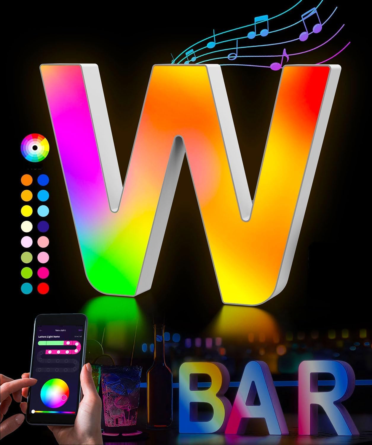 KIMIMARA Lettere Luminose Alfabeto - Luminoso Lampada LED Lettera RGB App Controllo Luci Lettera Operatore a USB per Ricevimenti Festa Matrimonio Natale Casa Bar Decorazione (W)
