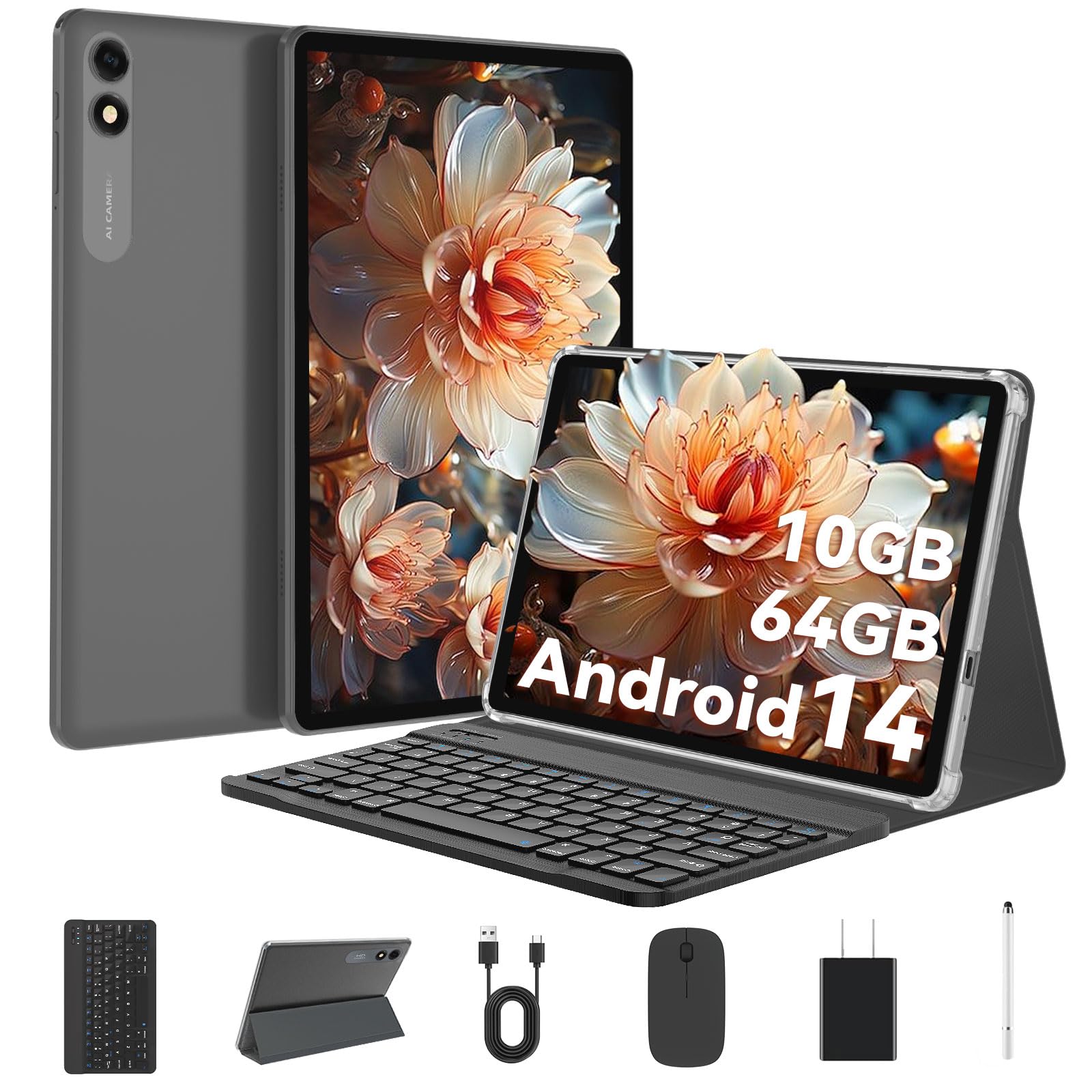 TUOHAITIME Tablet 10 Zoll Android 14 Tablets, 64GB ROM+10(4+6 Expand) RAM 1TB erweiterbar, Octa-Core, Widevide L1, WLAN, 6000mAh, Dual Kamera, Tablet PC mit Tastatur, Tasche, Eingabestift (Schwarz)