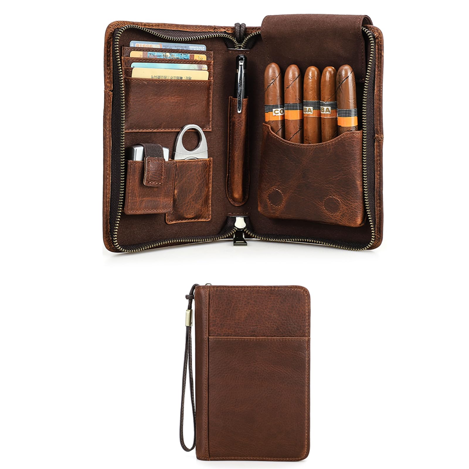 Hiram Custodia da viaggio per sigari, in vera pelle, per 5 sigari, portatile, con tasca per accendino, multifunzione, con scomparto per carte, tasca per cellulare (marrone)