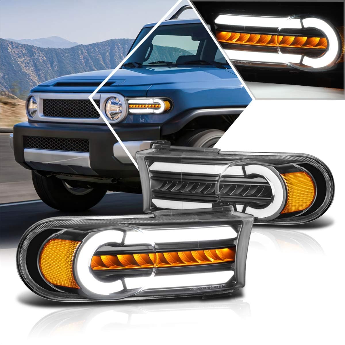 [Led DRL Light Bar+Sequential Turn Signal]Bumper Lights Compatible with 07-14 FJ Cruiser(Black Housing Amber Corner)