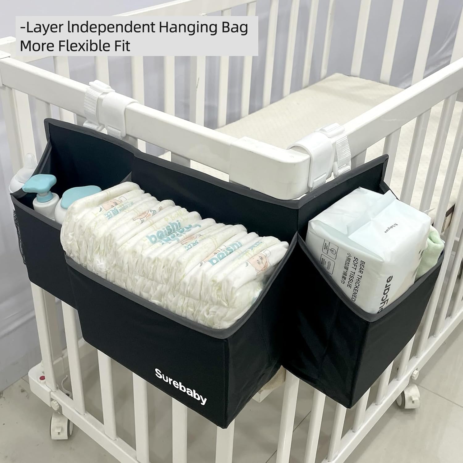 Hanging Baby Diaper Caddy, Single Sheet Dispensing Caddy Organizer Holder For Baby Crib, Nursery Organization Diaper Stacker Storage - Black