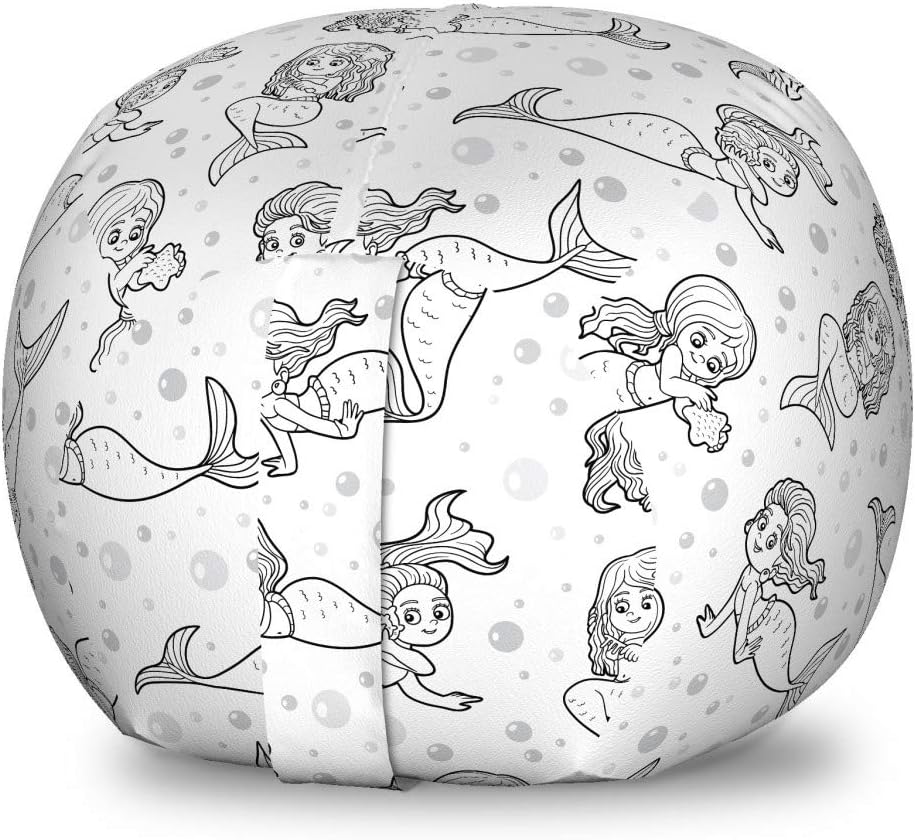 Lunarable Mermaid Storage Toy Bag Chair, Young Girls with Fish Tails Bubbles Starfishes Under The Sea, Stuffed Animal Organizer Washable Bag, Small Size, Black Pale Grey White