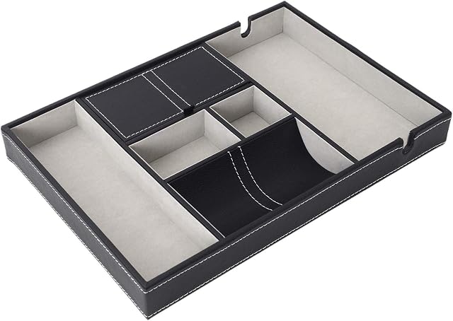 Hagsnec Tray for Men, Tray, Nightstand Organizer, Table Organizer, Charging Station, Catch All, Dresser Tray, Black Faux Leather, 6 Compartments