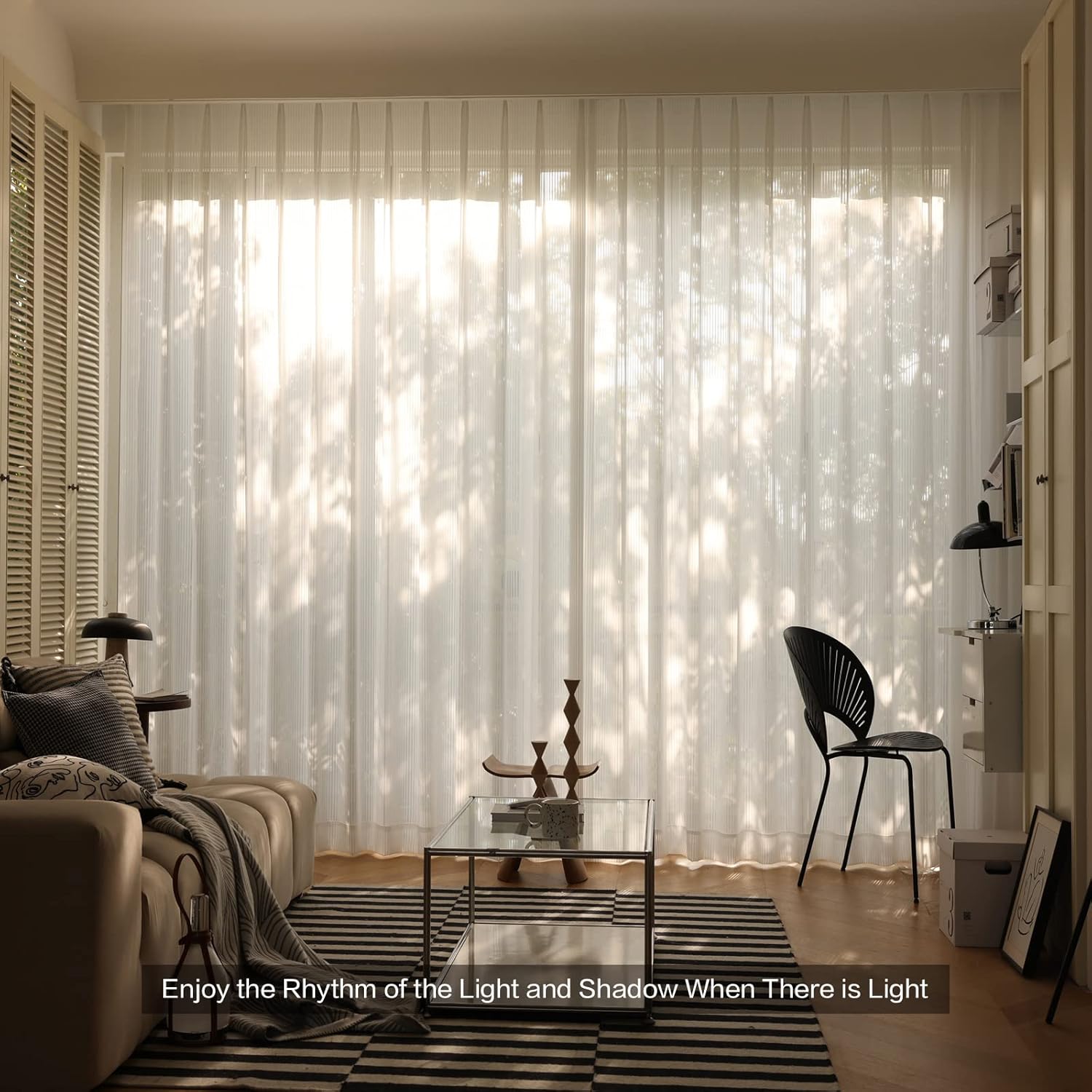LANTIME White Sheer Curtains 108 inches Long, Pinch Pleated Stripe Window Sheer Curtains Panels Drapery, 42" W x 108" L, Set of 2