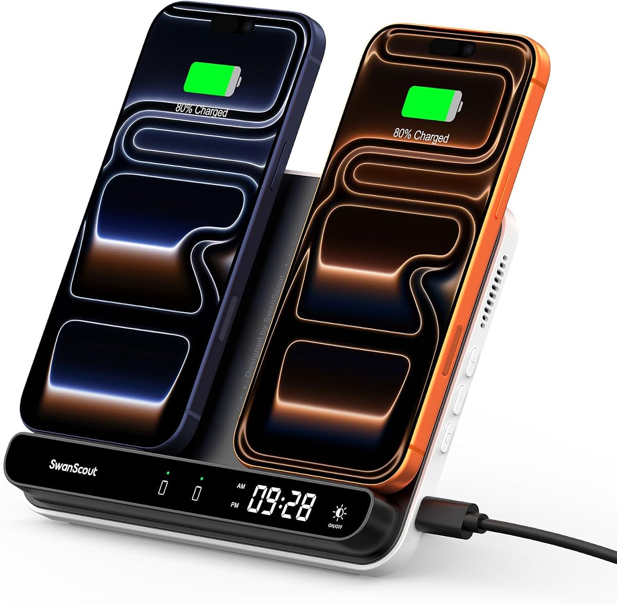 Dual Phone Foldable Wireless Charging Station for iPhone, Galaxy, Pixel | Dual phone charging, Foldable portable stand, Dimmable clock, Case friendly, Raised charging area, flat mode for earbuds, 504