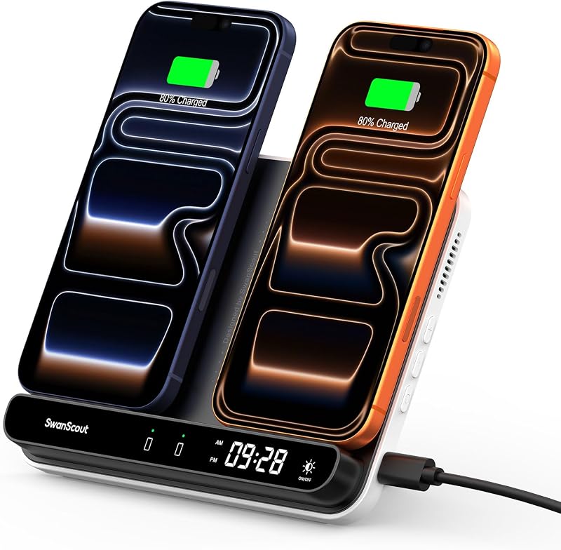 Dual Phone Foldable Wireless Charging Station for iPhone, Galaxy, Pixel | Dual phone charging, Foldable portable stand, Dimmable clock, Case friendly, Raised charging area, flat mode for earbuds, 504