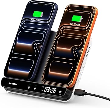 Dual Wireless Charger Stand, SwanScout 504, Foldable Wireless Charging Station Pad for iPhone 17/Air/16/15/ Series, Samsung Galaxy S25/S24/S23, Google Pixel 10/9/8, Android Phones, AirPods/Galaxy Buds