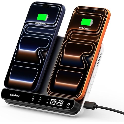 Dual Phone Foldable Wireless Charging Station for iPhone, Galaxy, Pixel | Dual phone charging, Foldable portable stand, Dimmable clock, Case friendly, Raised charging area, flat mode for earbuds, 504