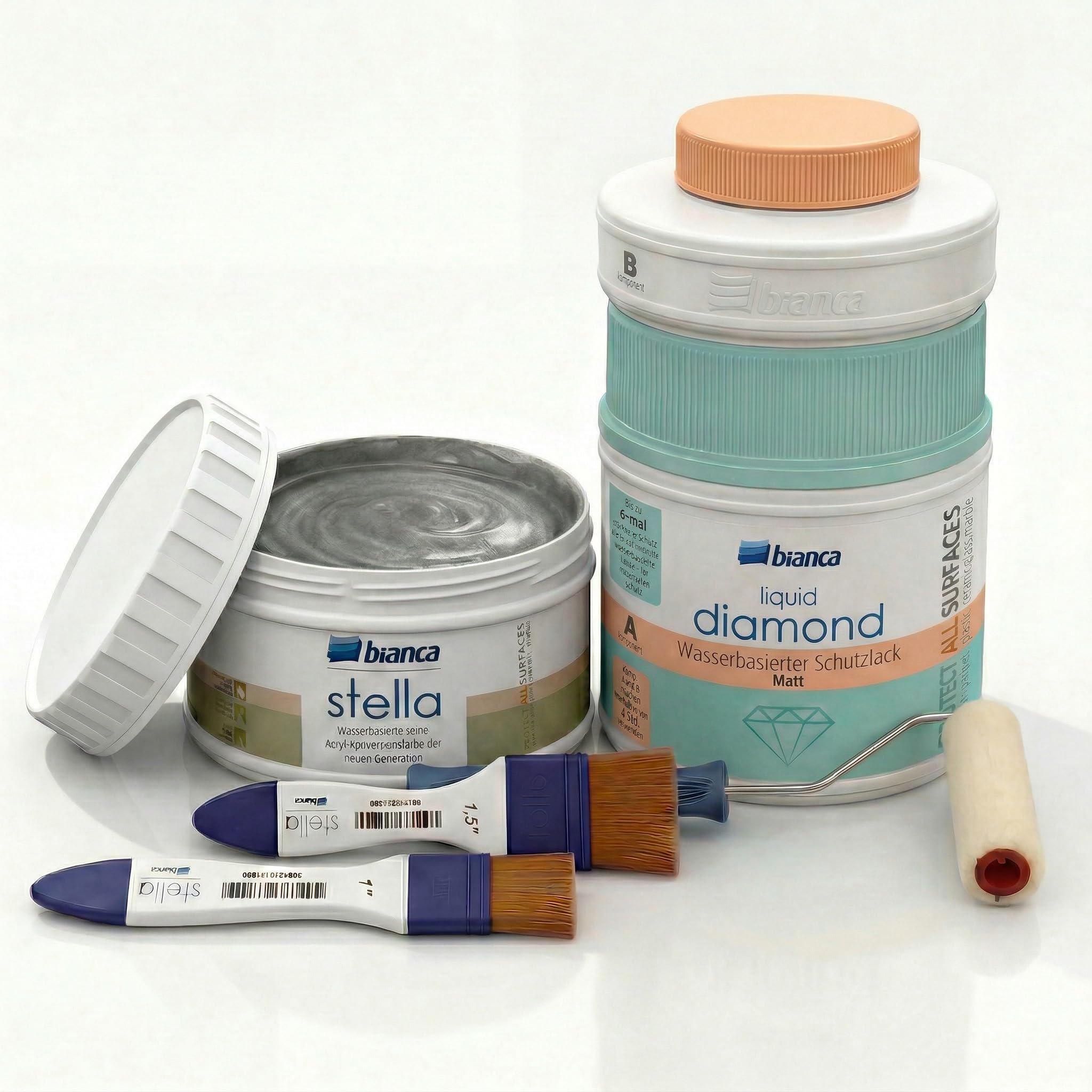 Bianca Stella Universalfarbe 250ml, Metallic-Silber & Matt 2K Schutzlack 600g mit Rolle & Pinseln - Parfümierte Renovierfarbe für Möbel, Holz, Fliesen, Metall & Kunststoff
