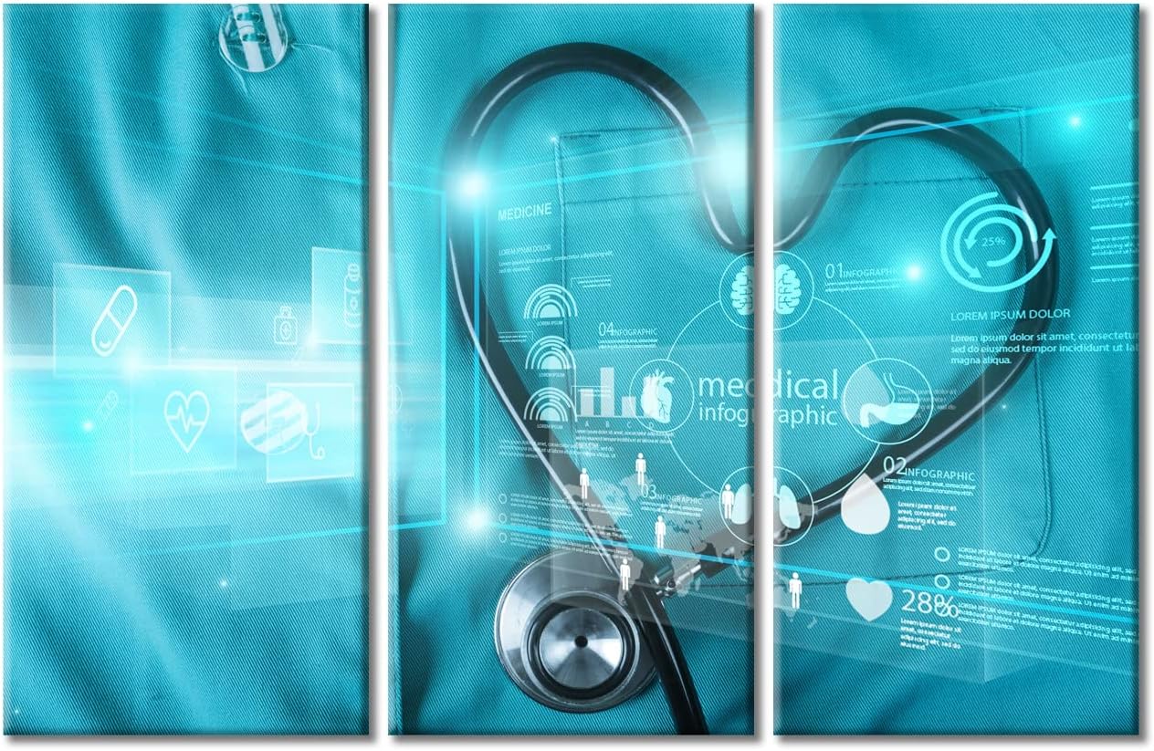 TUMOVO Stethoscope Health Medical Technology Poster Office Decor Clinical Laboratory Wall Art 3 Panel Medical Artwork Posters and Prints Framed Ready to Hang, 60" Wx40 H