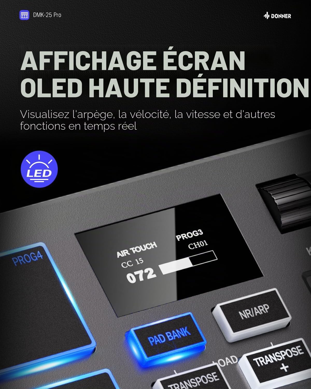 Donner Contrôleur Clavier MIDI USB-C, Mini Portable 25 Touches avec 8 Pads de Batterie,Écran OLED,16 Gammes Intelligentes,Arpège, Replay,4 Logiciels DAW et 40 Cours d’Apprentissage, DMK 25 Pro Noir