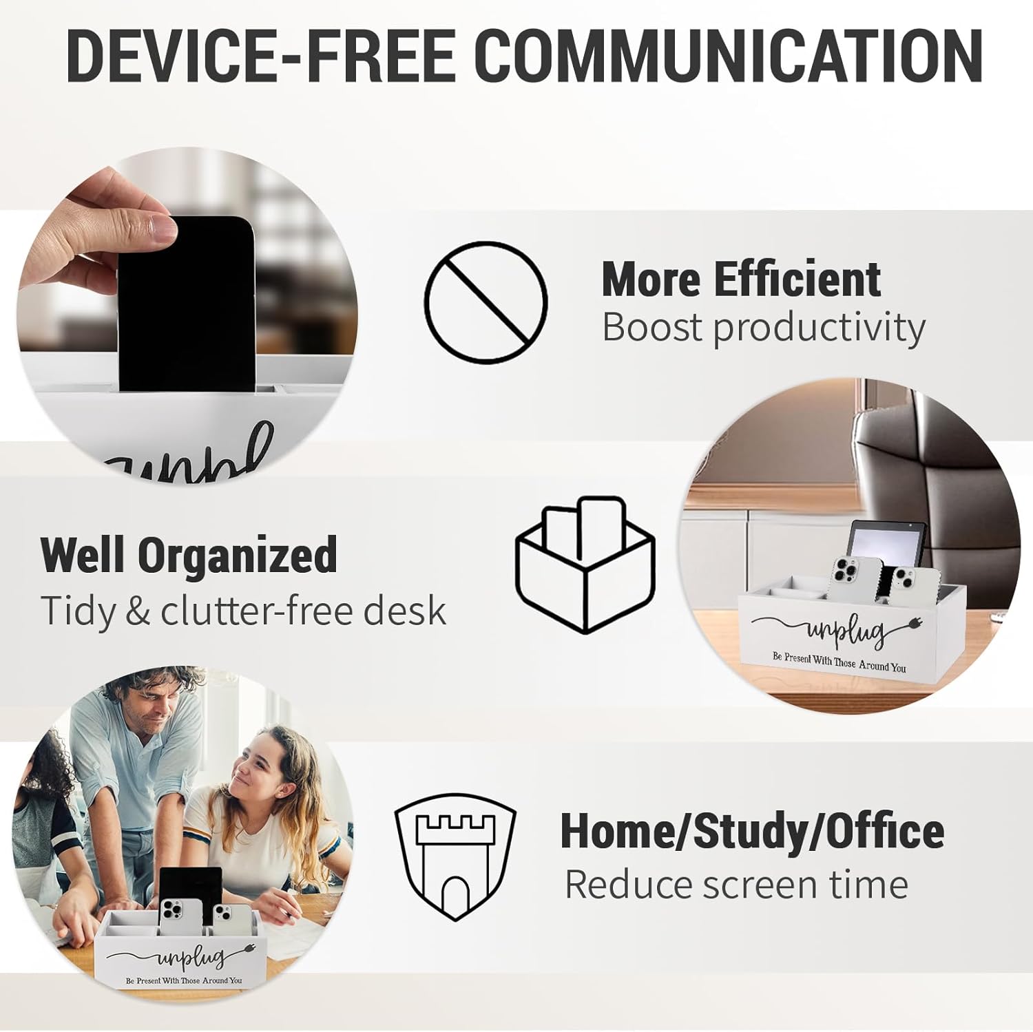 Bamboo Wood Phone Box – Unplug from Phones, Tablets, and Electronics for Study, Meetings, and Family Time, Phone Holder Organizer with Charging Holes, Farmhouse Style, Holds Up to 18 Phones-White