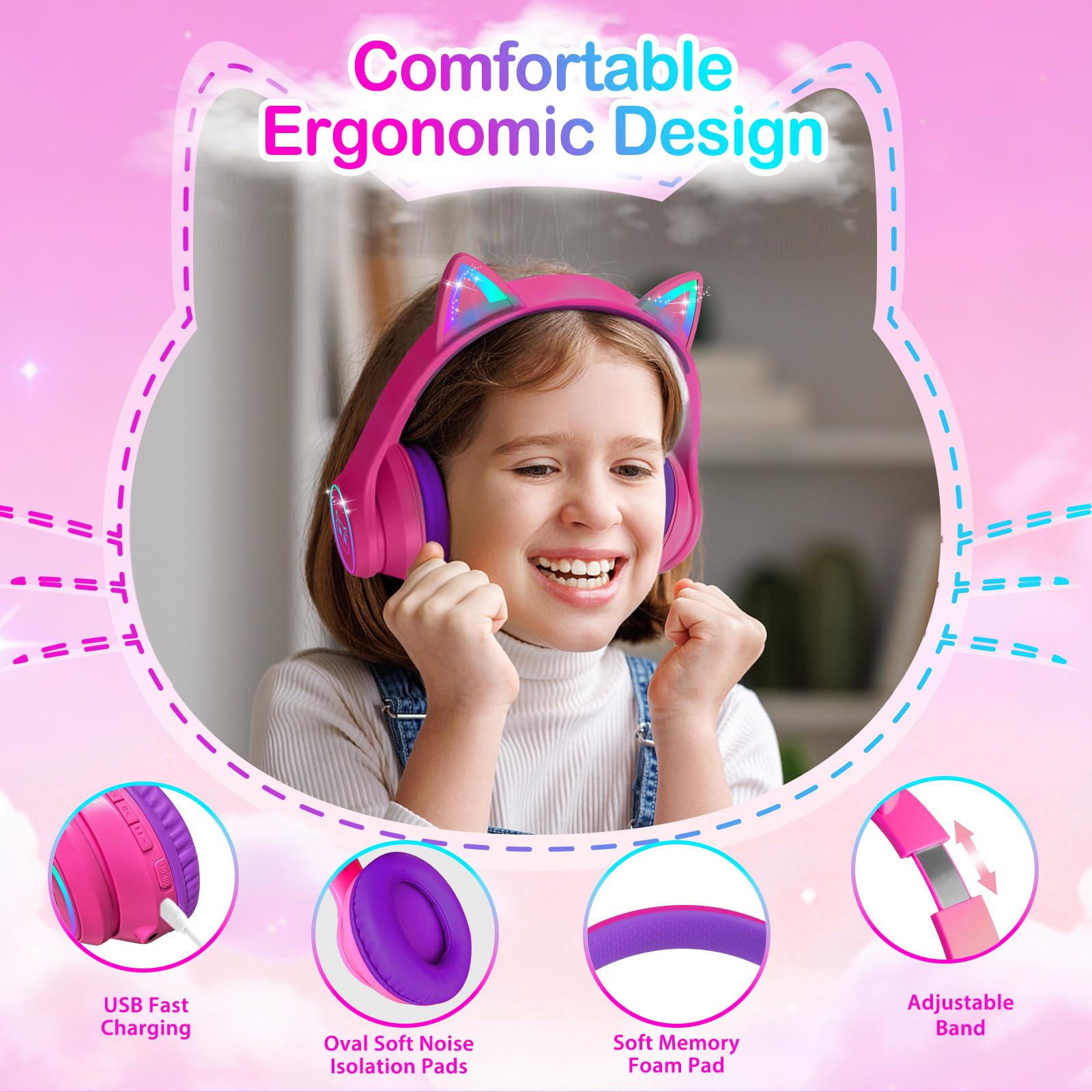 Bluetooth Kinder Kopfhörer mit Tasche, Kopfhörer Kabellos und Kabel Bluetooth für Kinder mit LED-Leuchten, Katzenohren ,Faltbar Einstellbar Over Ear Kopfhörer Kinder für Schule, Reisen (Knallpink)