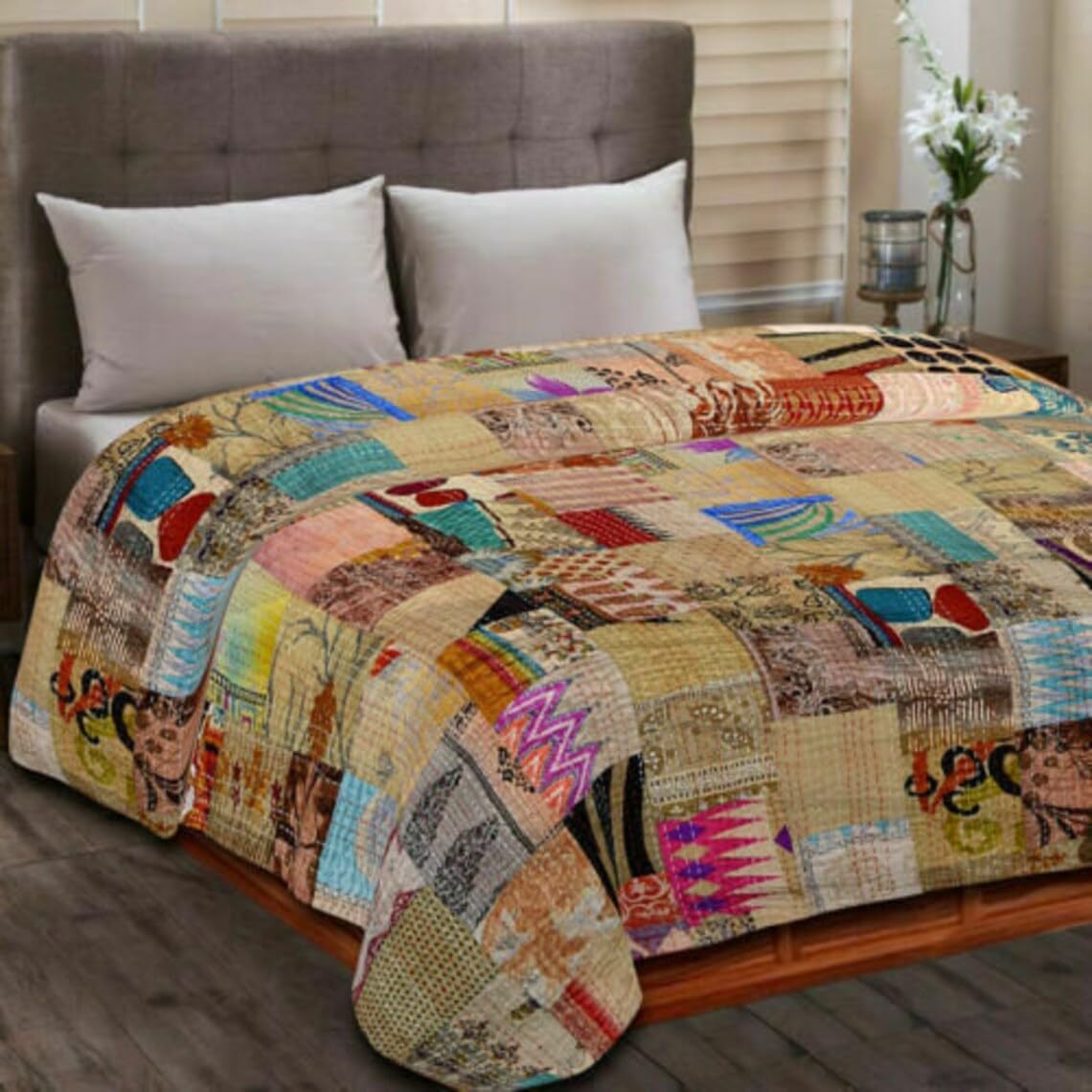Beige Handmade Silk Sari Patola Queen Size Patchwork Silk Kantha Quilt 90x108 Inch Bedcover Silk Patola Quilt Throw Blanket (Multicolor Patchwork) Twin/King./Queen (60X90 inch)