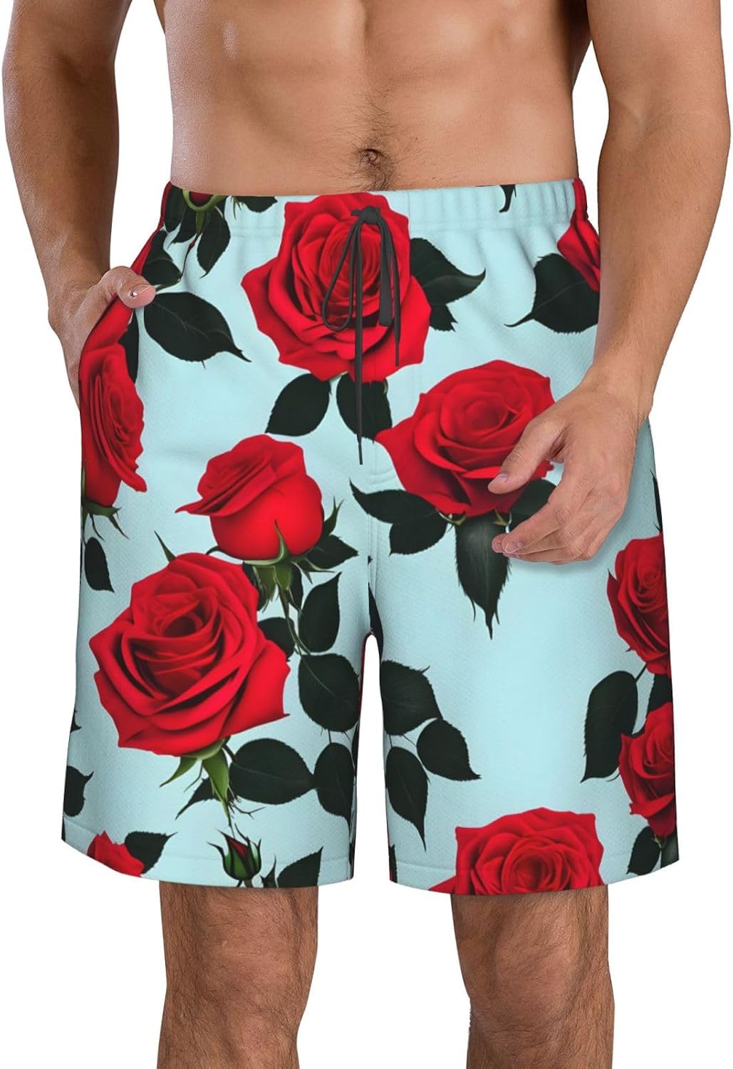 Mens Red Rose Print Beach Shorts,Casual Summer Shorts for Men,Quick Dry Polyester