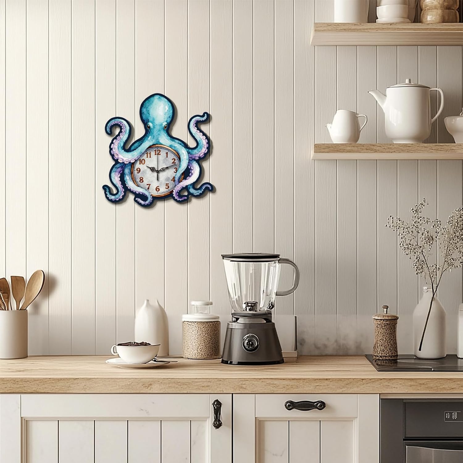 Octopus Wall Clock Irregular Shape Decorative Wall Clock Non-Ticking Clock for Home Office Decoration, 13.11×12.99 inch