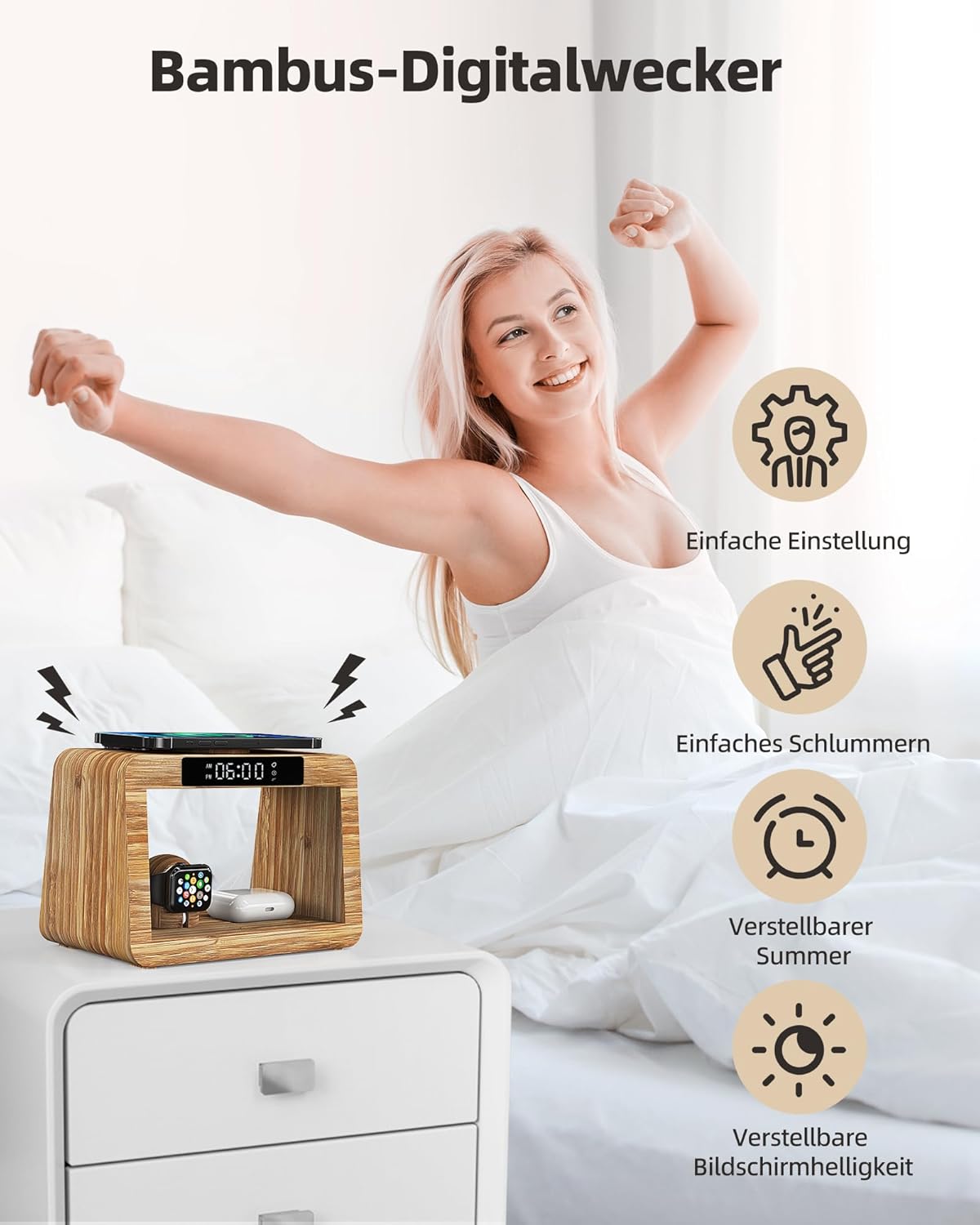 Image showing a woman waking up next to the Alltripal 6955, highlighting alarm clock features like easy setting, snooze, adjustable buzzer, and screen brightness.