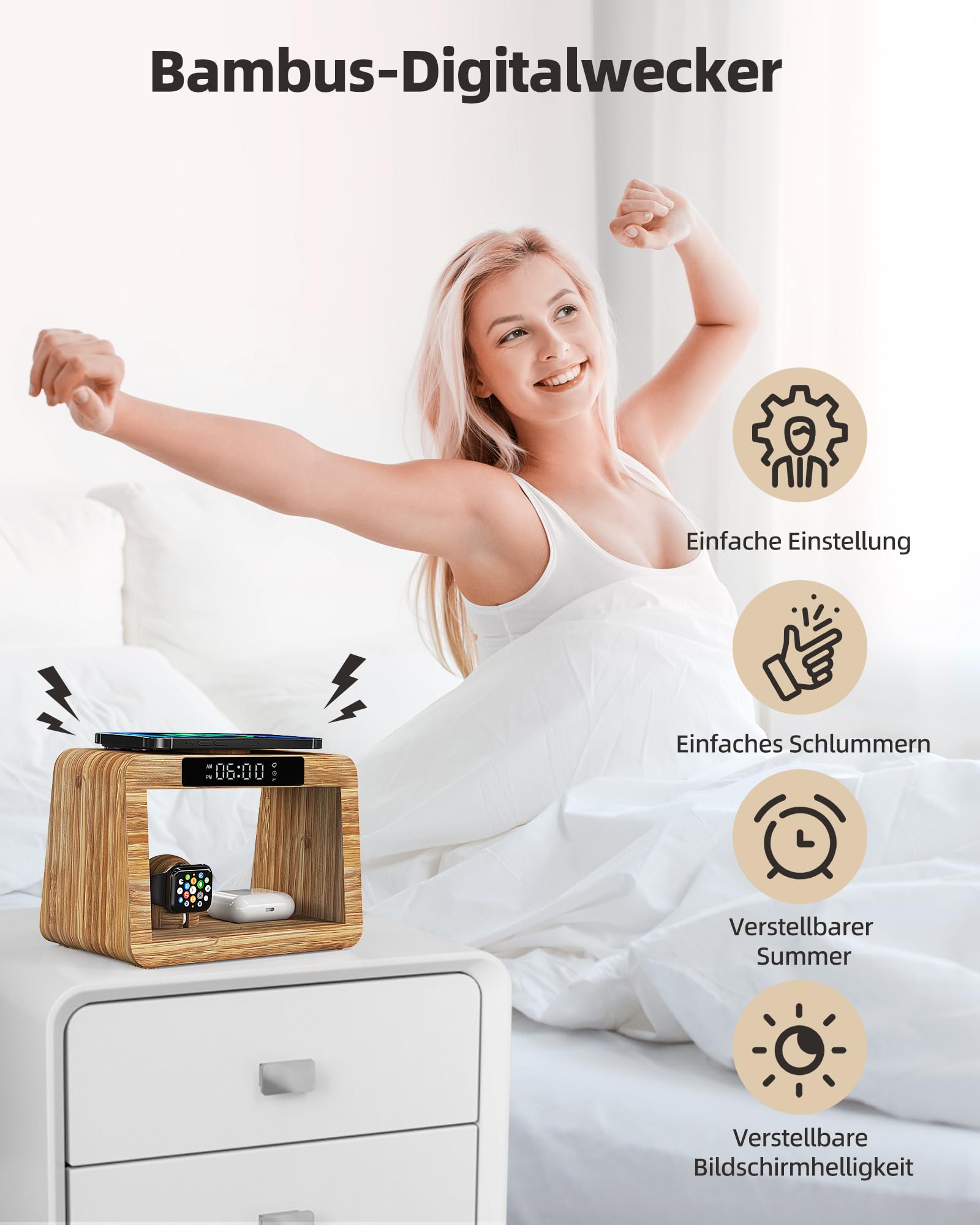 Wireless Ladestation mit Wecker Digital & Nachtlicht, 5 in 1 Kabelloses Schnell-Ladegerät mit Adapter und Kabel, Wireless Charger für iPhone/Apple Watch/AirPods/AirPods Pro