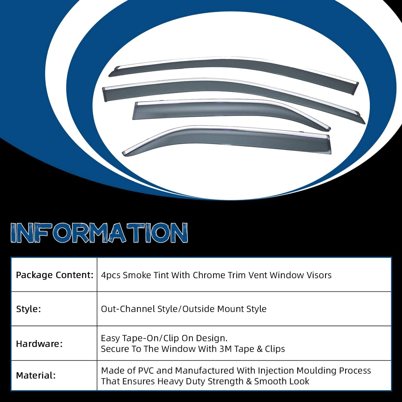 Window Visors Compatible with 12-14 Camry 4pcs Smoke Tint with Chrome Trim Outside Mount Tape On/Clip On Style PVC Sun Rain Guard Vent