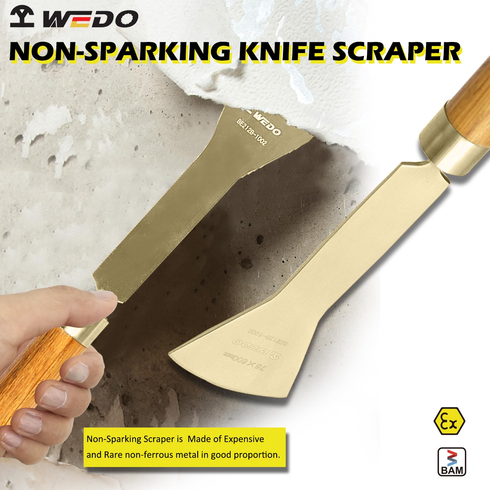 WEDO Raschietto ad arco non scintillante,Lama raschiatore pavimento 75x75mm,Lunghezza 600mm,Coltello stucco in bronzo alluminio,Spatola raschiatore senza scintilla,Certificato BAM/FM, Ampiamente usato