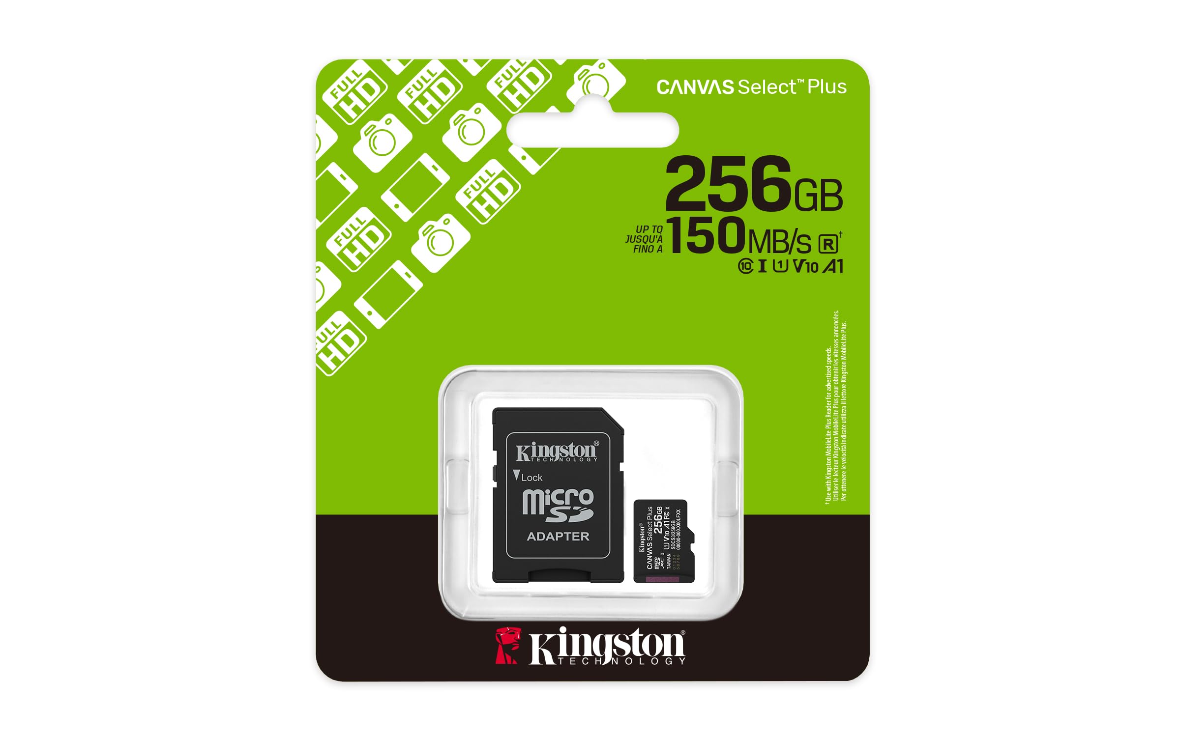 Kingston Canvas Select Plus Tarjeta de Memoria microSD 256GB microSDXC Gen3 150MB/s A1 Incluye Adaptador de SD - SDCS3/256GB