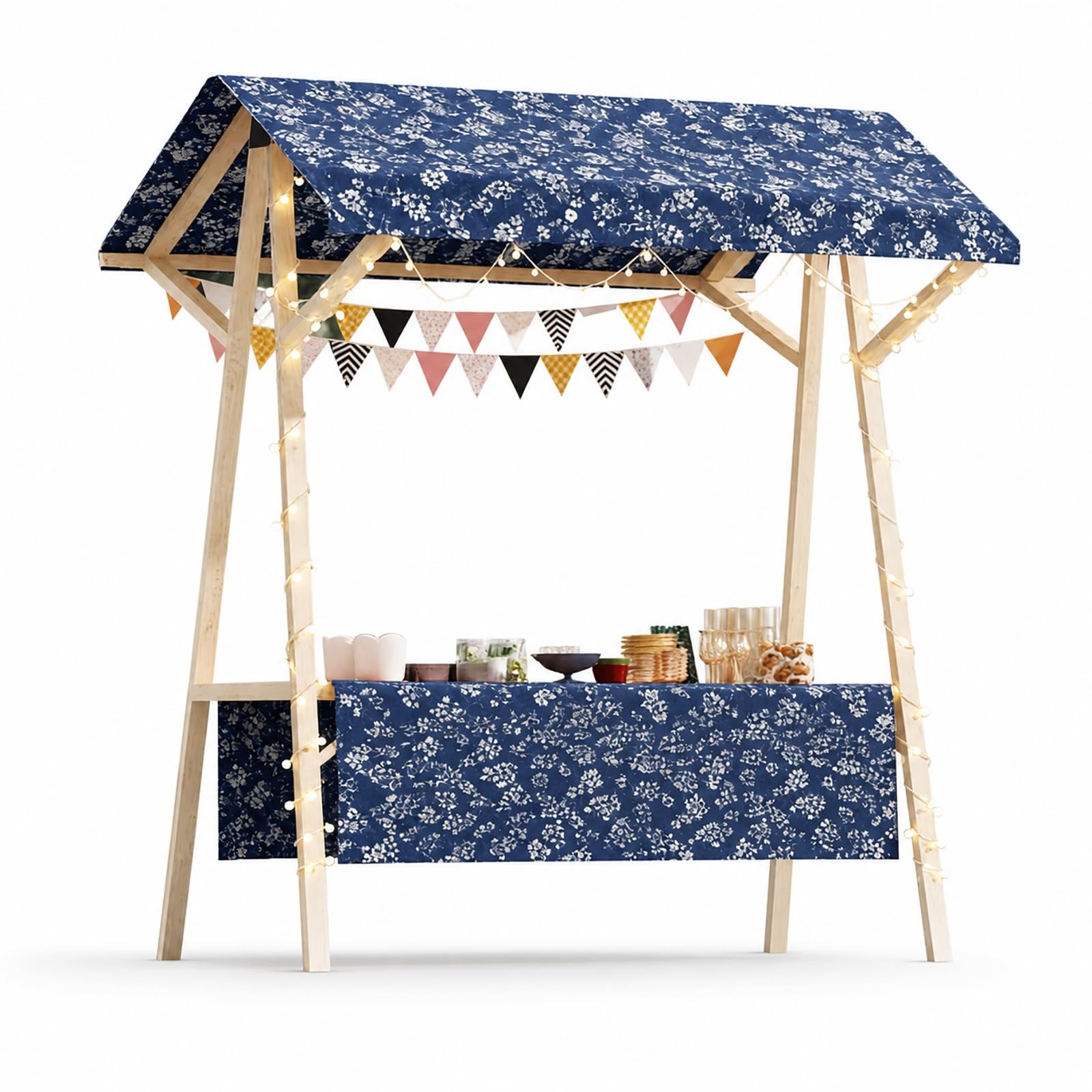 SBCWH Farmers Market Stand with Wheels, Foldable Wooden Vendor Booth Cart, Portable Lemonade Stand with String Lights & Bunting Flags, for Market, Party, Retail Display(Blue,120cm/47in)