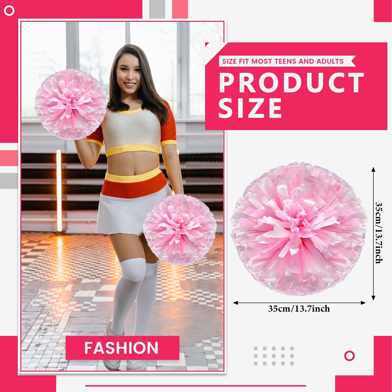 Pompony cheerleaderek, 34,7 cm, ręczne pompony drużyny cheerleaderek, do drużyny sportowej, gry ducha, na imprezę taneczną dla dorosłych, różowe + białe, 8 szt