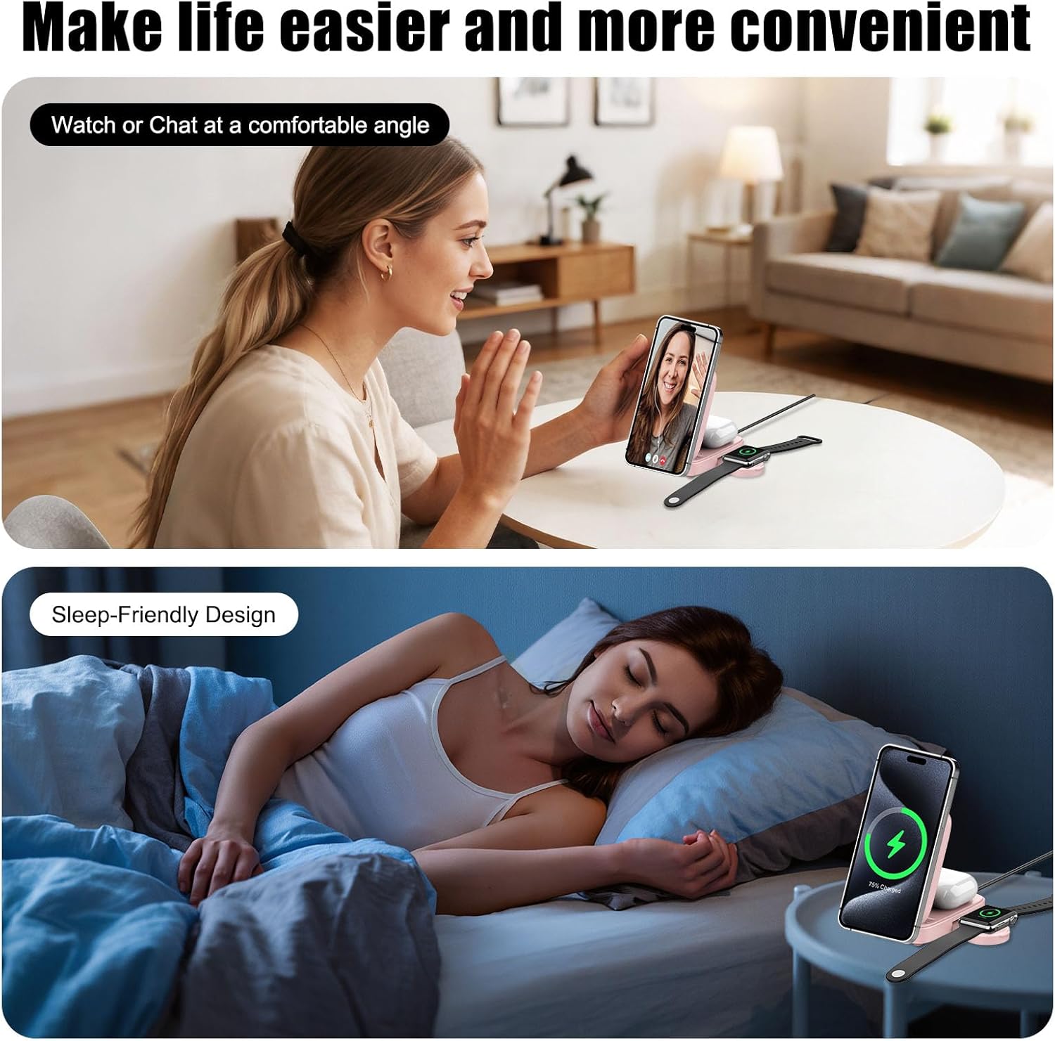 3 in 1 Wireless Charging Station, 15W Magsafe Charger, Magnetic Wireless Charger Stand for iPhone 17 16 15 14 13 12 Series, Samsung, Apple Watch, AirPods, Pink (Adapter NOT Included)